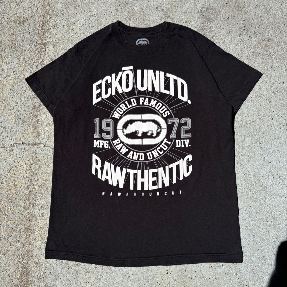 Ecko Unltd Rawthentic Black Graphic T-Shirt Mens Large Rhino Logo Streetwear Tee